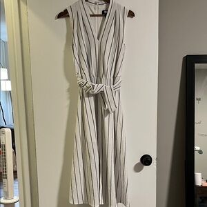 DKNY White and Black Striped Midi Dress